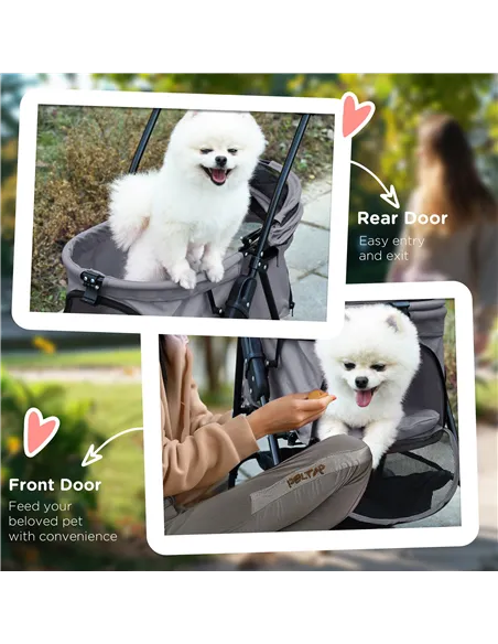 PawHut Dog Pram Dog Stroller Foldable Pet Pushchair with 4 Wheels, Safety Leashes, Cup Holder for Small Dogs, Grey