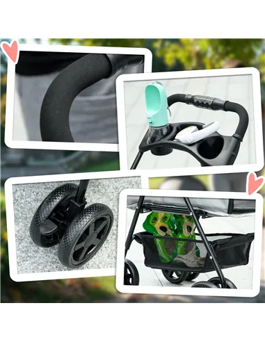 PawHut Dog Pram Dog Stroller Foldable Pet Pushchair with 4 Wheels, Safety Leashes, Cup Holder for Small Dogs, Grey