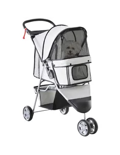 PawHut Dog Stroller, 3 Wheels Foldable Cat Dog Pram with Cup Holder, Storage Basket, Pet Stroller for Small Miniature Dogs, Grey