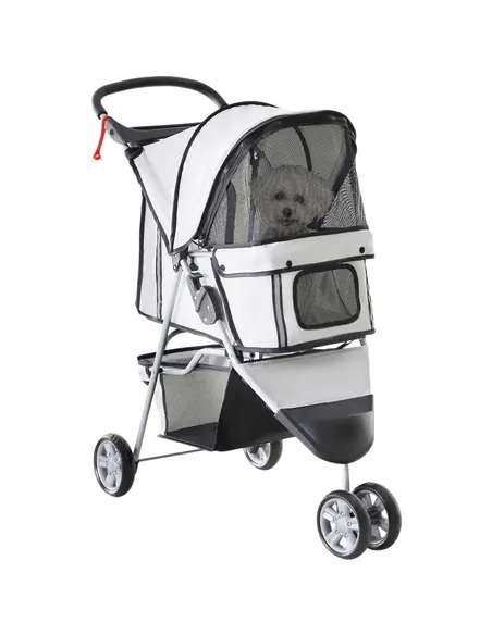PawHut Dog Stroller, 3 Wheels Foldable Cat Dog Pram with Cup Holder, Storage Basket, Pet Stroller for Small Miniature Dogs, Grey