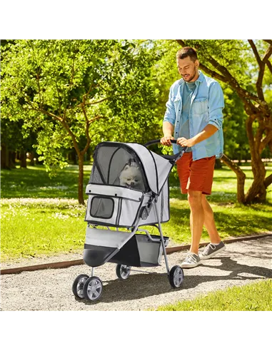 PawHut Dog Stroller, 3 Wheels Foldable Cat Dog Pram with Cup Holder, Storage Basket, Pet Stroller for Small Miniature Dogs, Grey