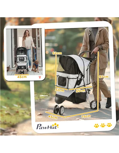 PawHut Dog Stroller, 3 Wheels Foldable Cat Dog Pram with Cup Holder, Storage Basket, Pet Stroller for Small Miniature Dogs, Grey