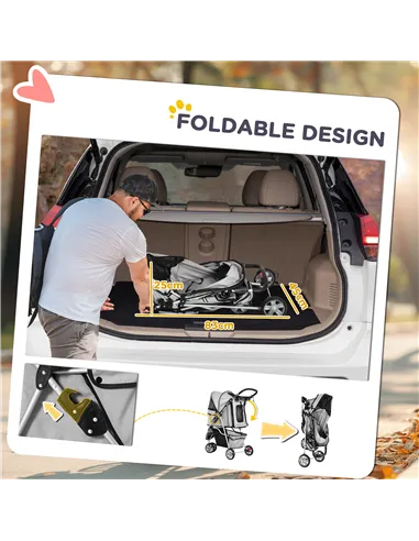 PawHut Dog Stroller, 3 Wheels Foldable Cat Dog Pram with Cup Holder, Storage Basket, Pet Stroller for Small Miniature Dogs, Grey