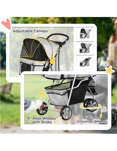 PawHut Dog Stroller, 3 Wheels Foldable Cat Dog Pram with Cup Holder, Storage Basket, Pet Stroller for Small Miniature Dogs, Grey