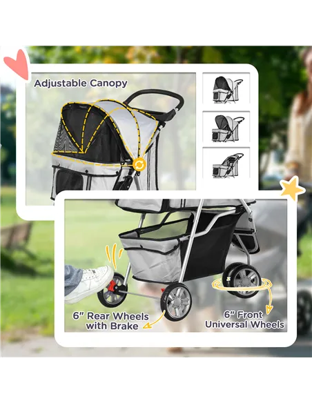 PawHut Dog Stroller, 3 Wheels Foldable Cat Dog Pram with Cup Holder, Storage Basket, Pet Stroller for Small Miniature Dogs, Grey