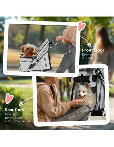PawHut Dog Stroller, 3 Wheels Foldable Cat Dog Pram with Cup Holder, Storage Basket, Pet Stroller for Small Miniature Dogs, Grey