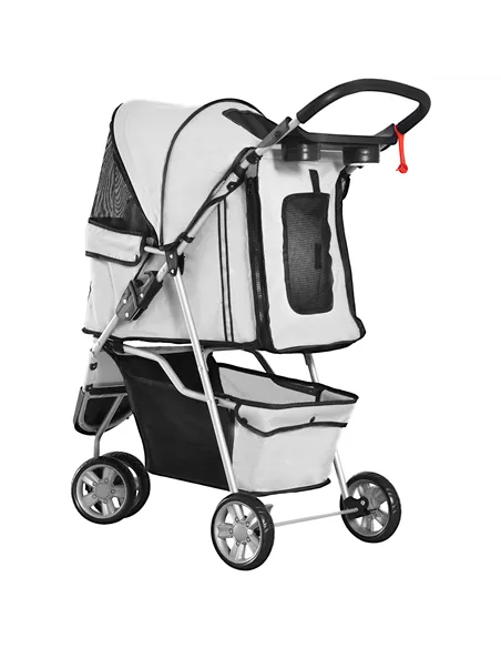 PawHut Dog Stroller, 3 Wheels Foldable Cat Dog Pram with Cup Holder, Storage Basket, Pet Stroller for Small Miniature Dogs, Grey
