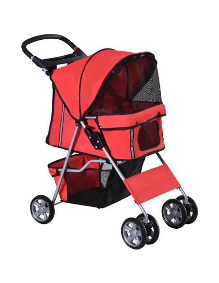 PawHut Pet Stroller for Small Miniature Dogs Cats Foldable Travel Carriage with Wheels Zipper Entry Cup Holder Storage Basket Re