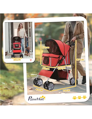 PawHut Pet Stroller for Small Miniature Dogs Cats Foldable Travel Carriage with Wheels Zipper Entry Cup Holder Storage Basket Re