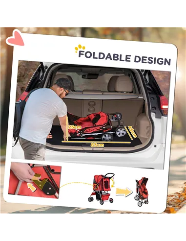 PawHut Pet Stroller for Small Miniature Dogs Cats Foldable Travel Carriage with Wheels Zipper Entry Cup Holder Storage Basket Re