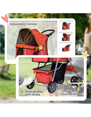 PawHut Pet Stroller for Small Miniature Dogs Cats Foldable Travel Carriage with Wheels Zipper Entry Cup Holder Storage Basket Re