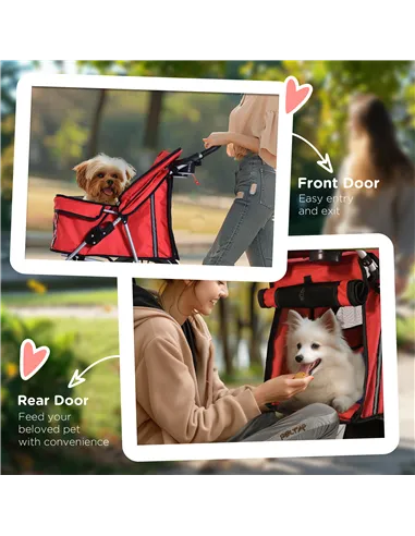 PawHut Pet Stroller for Small Miniature Dogs Cats Foldable Travel Carriage with Wheels Zipper Entry Cup Holder Storage Basket Re