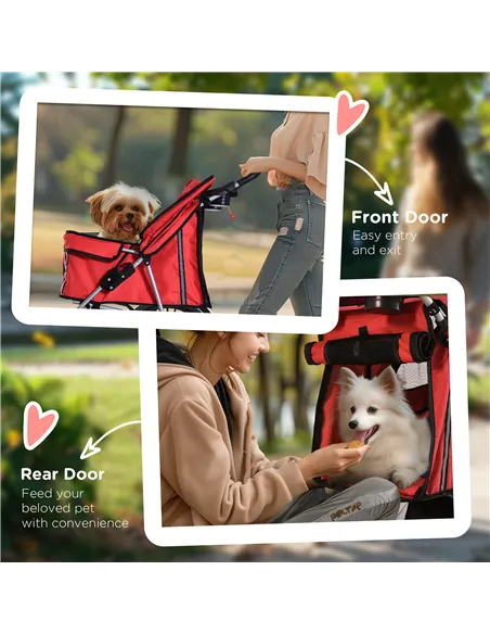 PawHut Pet Stroller for Small Miniature Dogs Cats Foldable Travel Carriage with Wheels Zipper Entry Cup Holder Storage Basket Re