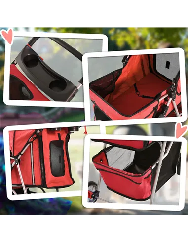 PawHut Pet Stroller for Small Miniature Dogs Cats Foldable Travel Carriage with Wheels Zipper Entry Cup Holder Storage Basket Re