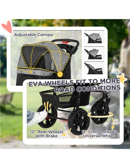 PawHut Dog Pram Dog Stroller Pet Stroller, 3 Wheels Dog Pushchair with Brake, for Small Miniature Dogs, Cats, Red