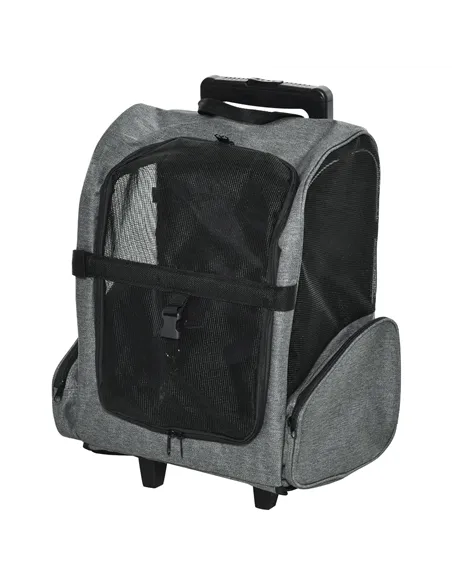 PawHut Pet Travel Backpack Bag Cat Puppy Dog Carrier w/ Trolley and Telescopic Handle Portable Stroller Wheel Luggage Bag (Grey)