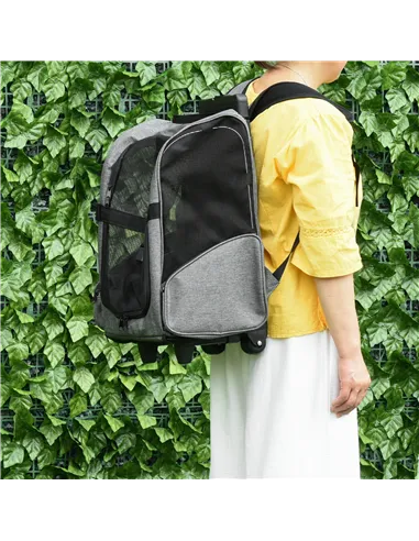 PawHut Pet Travel Backpack Bag Cat Puppy Dog Carrier w/ Trolley and Telescopic Handle Portable Stroller Wheel Luggage Bag (Grey)