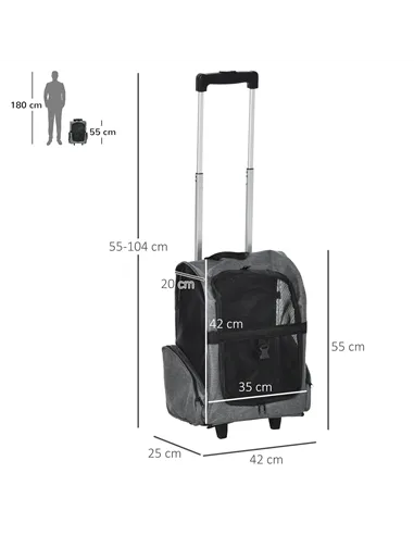 PawHut Pet Travel Backpack Bag Cat Puppy Dog Carrier w/ Trolley and Telescopic Handle Portable Stroller Wheel Luggage Bag (Grey)