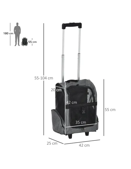 PawHut Pet Travel Backpack Bag Cat Puppy Dog Carrier w/ Trolley and Telescopic Handle Portable Stroller Wheel Luggage Bag (Grey)