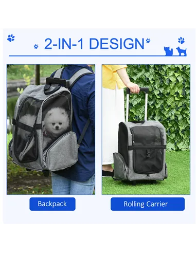 PawHut Pet Travel Backpack Bag Cat Puppy Dog Carrier w/ Trolley and Telescopic Handle Portable Stroller Wheel Luggage Bag (Grey)