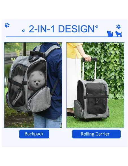 PawHut Pet Travel Backpack Bag Cat Puppy Dog Carrier w/ Trolley and Telescopic Handle Portable Stroller Wheel Luggage Bag (Grey)
