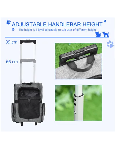 PawHut Pet Travel Backpack Bag Cat Puppy Dog Carrier w/ Trolley and Telescopic Handle Portable Stroller Wheel Luggage Bag (Grey)