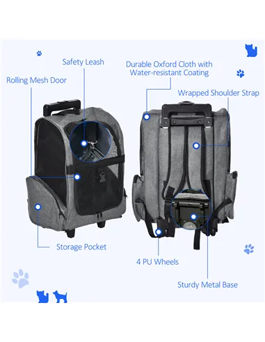 PawHut Pet Travel Backpack Bag Cat Puppy Dog Carrier w/ Trolley and Telescopic Handle Portable Stroller Wheel Luggage Bag (Grey)