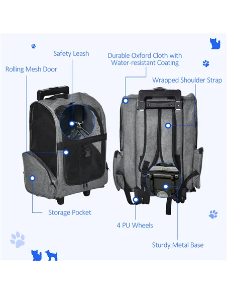 PawHut Pet Travel Backpack Bag Cat Puppy Dog Carrier w/ Trolley and Telescopic Handle Portable Stroller Wheel Luggage Bag (Grey)