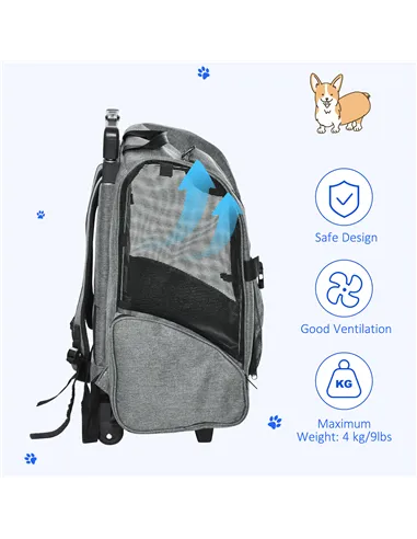PawHut Pet Travel Backpack Bag Cat Puppy Dog Carrier w/ Trolley and Telescopic Handle Portable Stroller Wheel Luggage Bag (Grey)