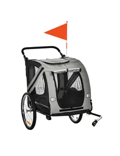 PawHut 2-In-1 Pet Bike Trailer Dog Stroller Pushchair with Universal Wheel Reflector Flag Grey