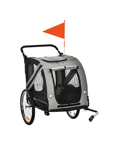 PawHut 2-In-1 Pet Bike Trailer Dog Stroller Pushchair with Universal Wheel Reflector Flag Grey