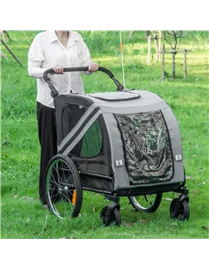 PawHut 2-In-1 Pet Bike Trailer Dog Stroller Pushchair with Universal Wheel Reflector Flag Grey 2