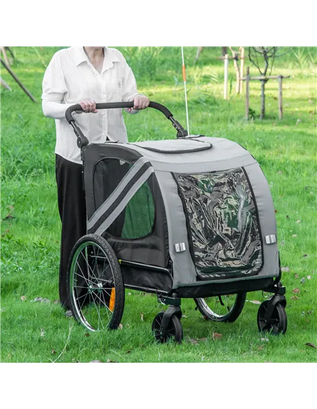PawHut 2-In-1 Pet Bike Trailer Dog Stroller Pushchair with Universal Wheel Reflector Flag Grey