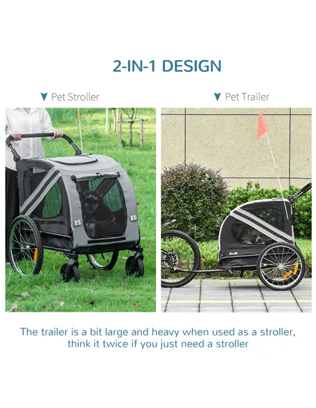 PawHut 2-In-1 Pet Bike Trailer Dog Stroller Pushchair with Universal Wheel Reflector Flag Grey