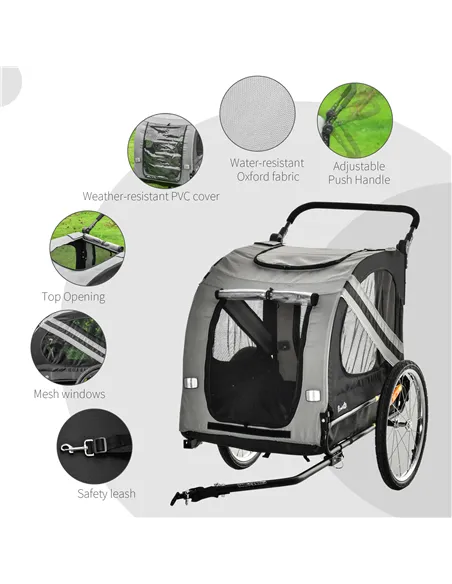 PawHut 2-In-1 Pet Bike Trailer Dog Stroller Pushchair with Universal Wheel Reflector Flag Grey