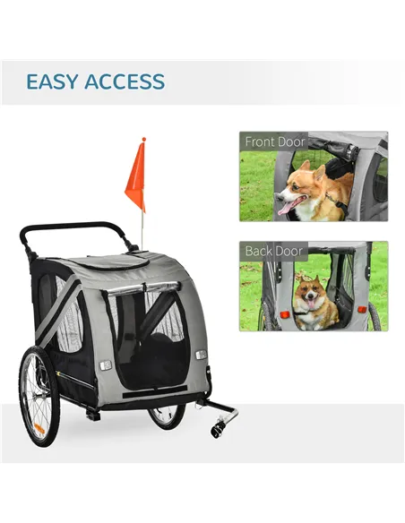 PawHut 2-In-1 Pet Bike Trailer Dog Stroller Pushchair with Universal Wheel Reflector Flag Grey