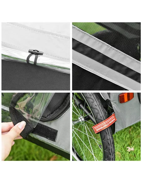 PawHut 2-In-1 Pet Bike Trailer Dog Stroller Pushchair with Universal Wheel Reflector Flag Grey