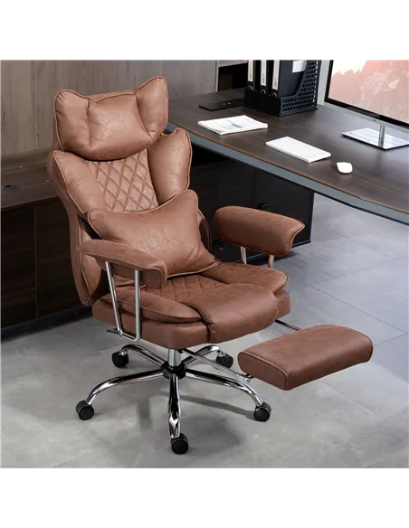 HOMCOM Leathaire Reclining Office Chair with Lumbar Support Pillow - Dark Brown