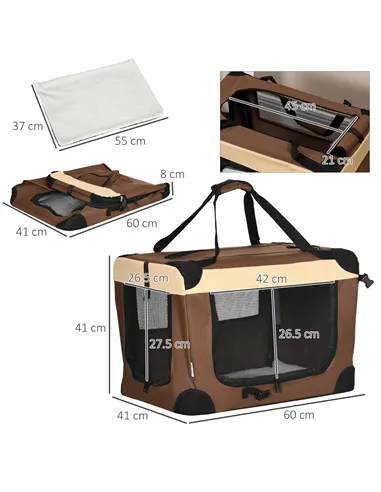 PawHut 60cm Foldable Pet Carrier, with Cushion, for Mini Dogs and Cats - Brown
