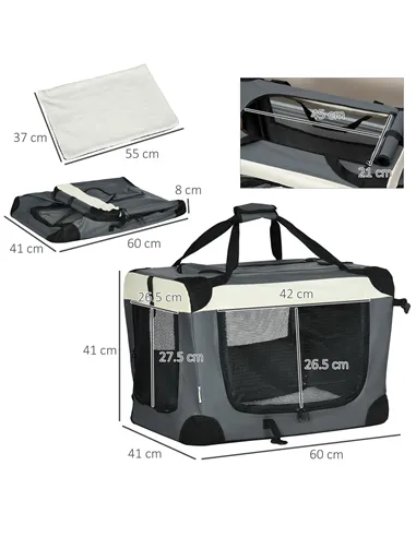 PawHut 60cm Foldable Pet Carrier, with Cushion, for Miniature Dogs and Cats - Grey