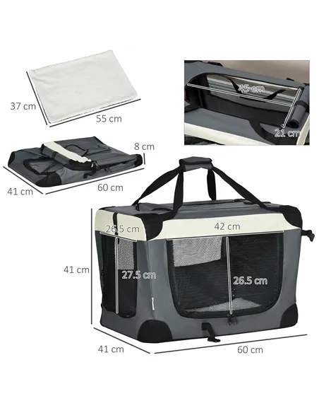 PawHut 60cm Foldable Pet Carrier, with Cushion, for Miniature Dogs and Cats - Grey