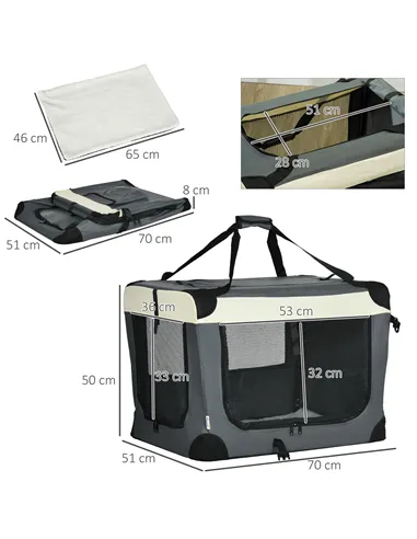 PawHut 70cm Foldable Pet Carrier, with Cushion, for Small Dogs and Cats - Grey