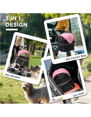 PawHut 3 In 1 Detachable Pet Stroller, for Extra Small and Small Dogs - Pink