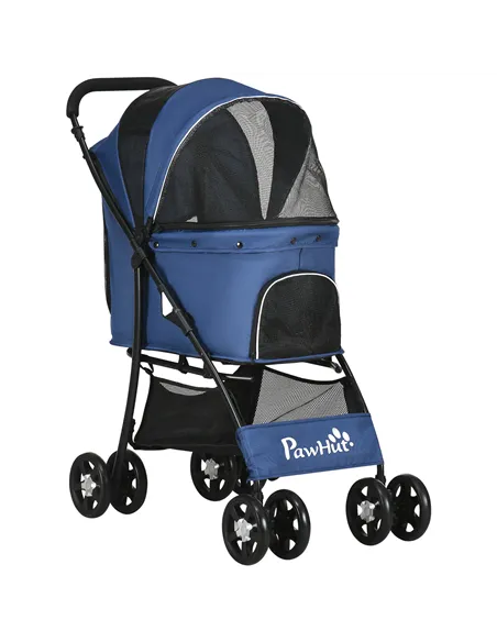 PawHut Foldable Pet Stroller for Dogs, Puppy Stroller, with Large Carriage, Brakes, Canopy - Blue