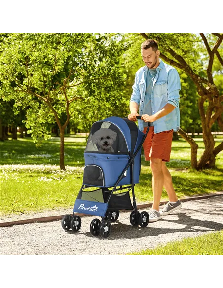 PawHut Foldable Pet Stroller for Dogs, Puppy Stroller, with Large Carriage, Brakes, Canopy - Blue