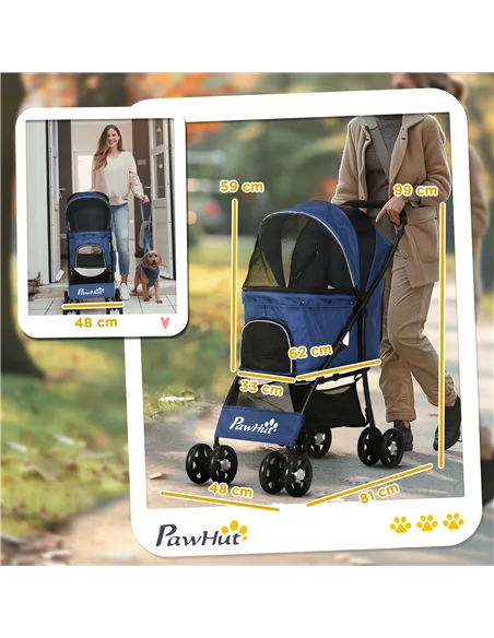 PawHut Foldable Pet Stroller for Dogs, Puppy Stroller, with Large Carriage, Brakes, Canopy - Blue
