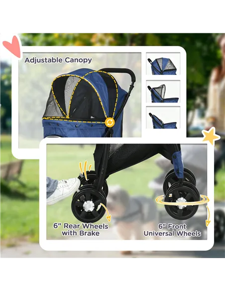 PawHut Foldable Pet Stroller for Dogs, Puppy Stroller, with Large Carriage, Brakes, Canopy - Blue
