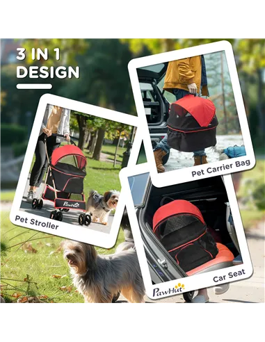 PawHut 3 In 1 Detachable Pet Stroller, for Extra Small and Small Dogs - Red