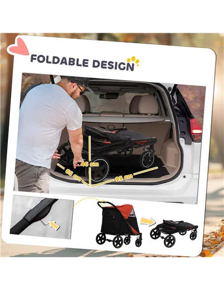 PawHut Foldable Pet Stroller, with Universal Wheels, Shock Absorber, for Medium and Large Dogs - Red