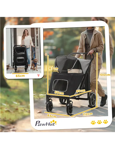 PawHut Foldable Pet Stroller, with Universal Wheels, Shock Absorber, for Medium and Large Dogs - Black